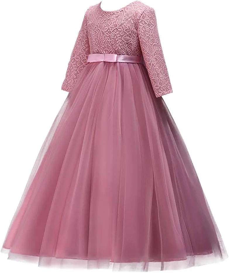 Flower Girls 3/4 Sleeve Deep V-Back Tulle Vintage Lace Wedding Party Long Dress Princess Communion Pageant Maxi Gown