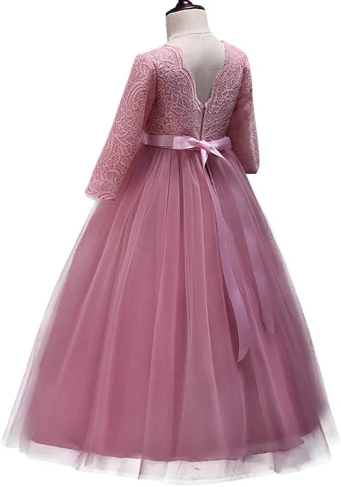Flower Girls 3/4 Sleeve Deep V-Back Tulle Vintage Lace Wedding Party Long Dress Princess Communion Pageant Maxi Gown