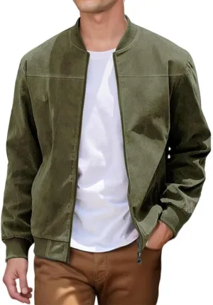 FMCHICO Men's Casual Zip Up Jacket Vintage Lightweight Suede Bomber Jackets