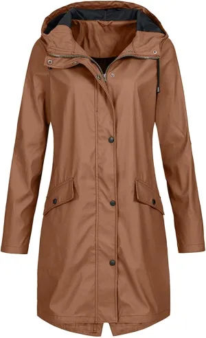 FMCHICO Women's Long Rain Jacket Waterproof Lightweight Hooded Raincoat