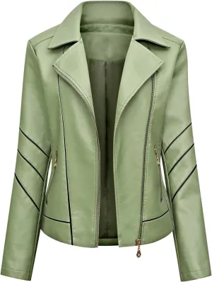 FMCHICO Women's Zipped Notch Collar Moto Biker Jacket Casual Short Coat Outwear