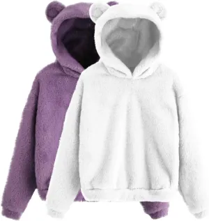 Fuzzy Teddy Bear Hoodie Women Warm Plush Sherpa Oversized Cozy Pullover Ears Winter Lounge Fluffy Hooded Top