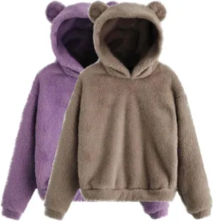 Fuzzy Teddy Bear Hoodie Women Warm Plush Sherpa Oversized Cozy Pullover Ears Winter Lounge Fluffy Hooded Top