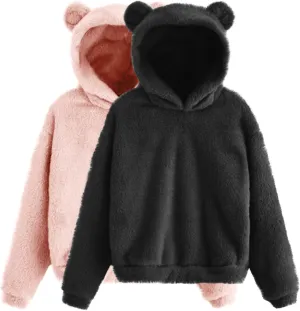 Fuzzy Teddy Bear Hoodie Women Warm Plush Sherpa Oversized Cozy Pullover Ears Winter Lounge Fluffy Hooded Top
