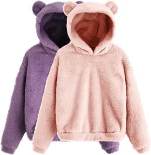 Fuzzy Teddy Bear Hoodie Women Warm Plush Sherpa Oversized Cozy Pullover Ears Winter Lounge Fluffy Hooded Top
