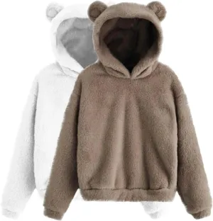Fuzzy Teddy Bear Hoodie Women Warm Plush Sherpa Oversized Cozy Pullover Ears Winter Lounge Fluffy Hooded Top