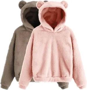 Fuzzy Teddy Bear Hoodie Women Warm Plush Sherpa Oversized Cozy Pullover Ears Winter Lounge Fluffy Hooded Top