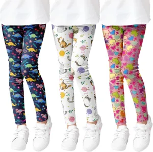 Girls' 3-Pack Printed Leggings Toddlers Active Stretch Leggings Little Kids Yoga Pants 3-10 Years