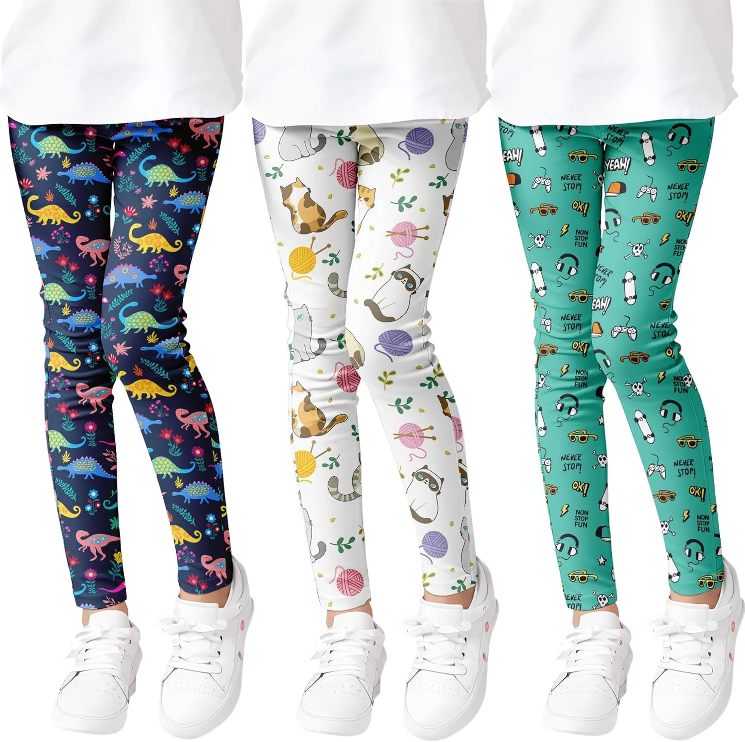 Girls' 3-Pack Printed Leggings Toddlers Active Stretch Leggings Little Kids Yoga Pants 3-10 Years