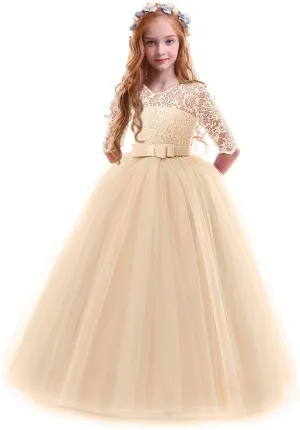 Girls Flower Vintage Floral Lace 3/4 Sleeves Floor Length Dress Wedding Party Evening Formal Pegeant Dance Gown