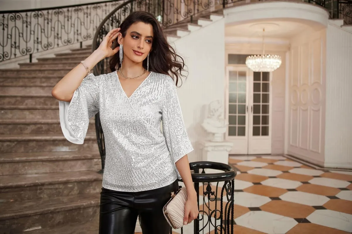GRACE KARIN Womens Sequin Tops 3/4 Sleeve Glitter Sparkly Party Blouse V-Neck Dressy Tops for Evening Party