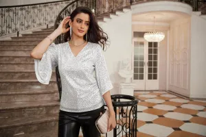 GRACE KARIN Womens Sequin Tops 3/4 Sleeve Glitter Sparkly Party Blouse V-Neck Dressy Tops for Evening Party