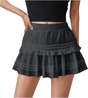 HGps8w Women's A-Line Layered Mini Skirts Elastic Waist Casual 2025 Summer Cute Tiered Ruffle Skirt