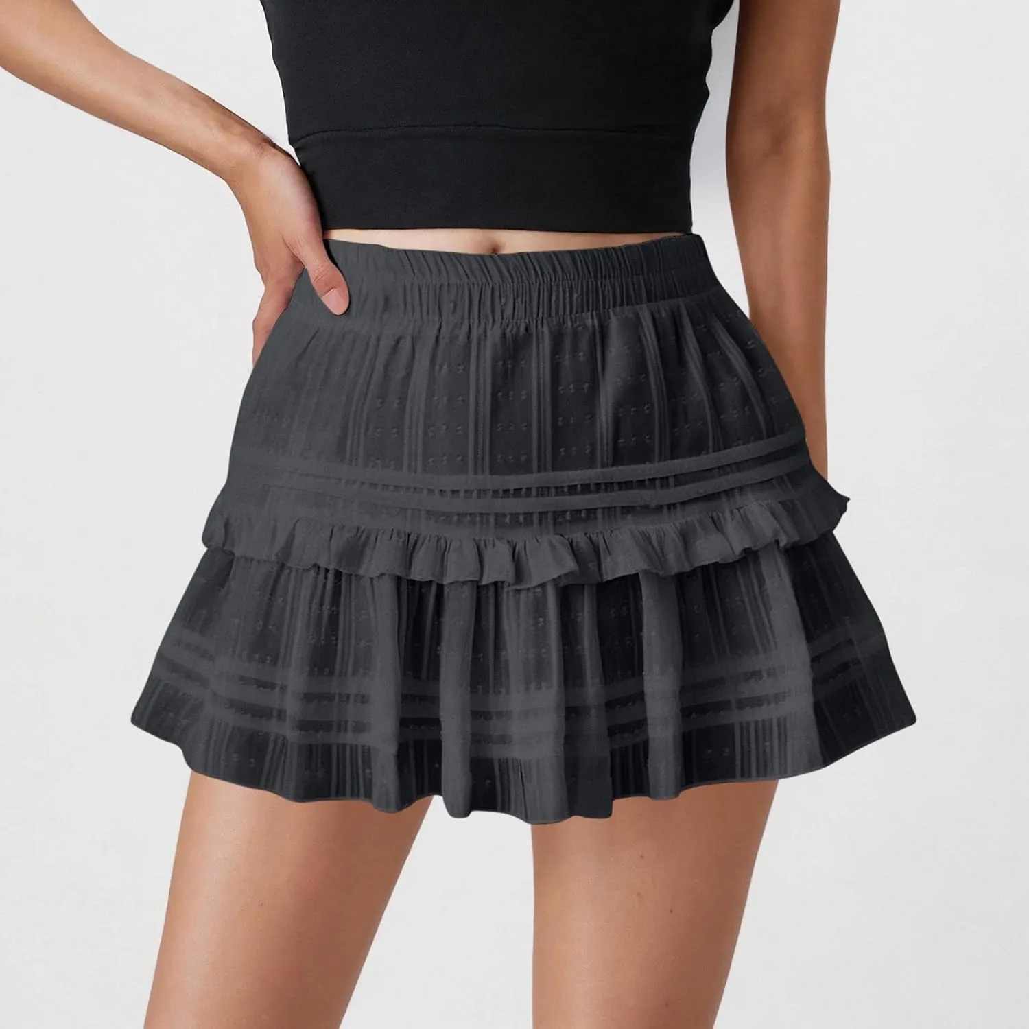 HGps8w Women's A-Line Layered Mini Skirts Elastic Waist Casual 2025 Summer Cute Tiered Ruffle Skirt