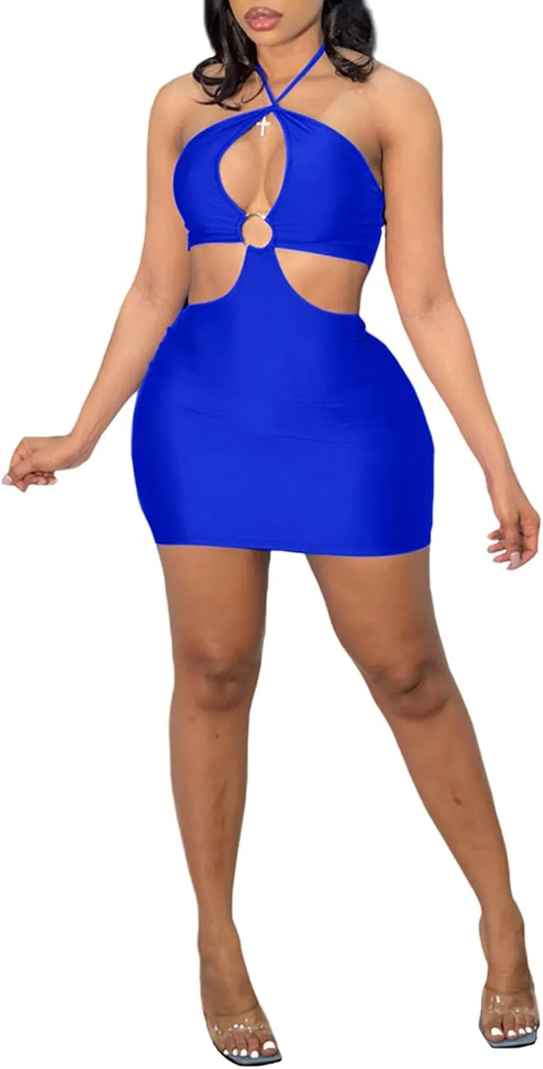 HLSIN Women's Crisscross Cut Out Halter Lace Up Backless Mini Bodycon Dress Clubwear