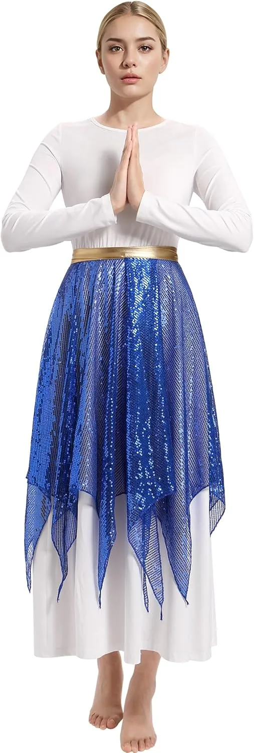 IBAKOM Praise Dance Dress for Women with Warp Skirt Metallic Waist Long Worship Dance Overlay and Tunic Liturgical Dancewear