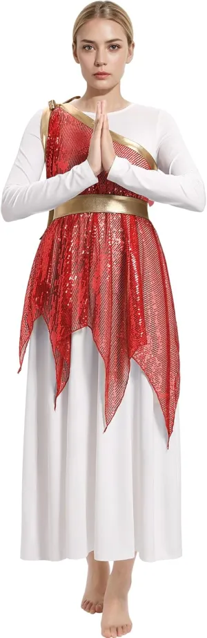 IBAKOM Praise Dance Dress for Women with Warp Skirt Metallic Waist Long Worship Dance Overlay and Tunic Liturgical Dancewear