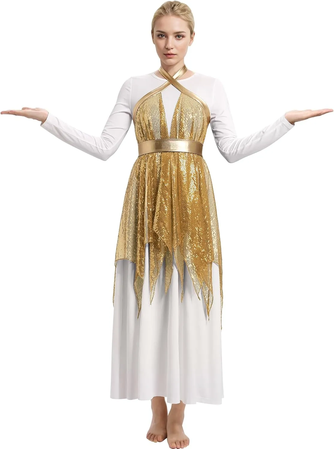 IBAKOM Praise Dance Dress for Women with Warp Skirt Metallic Waist Long Worship Dance Overlay and Tunic Liturgical Dancewear