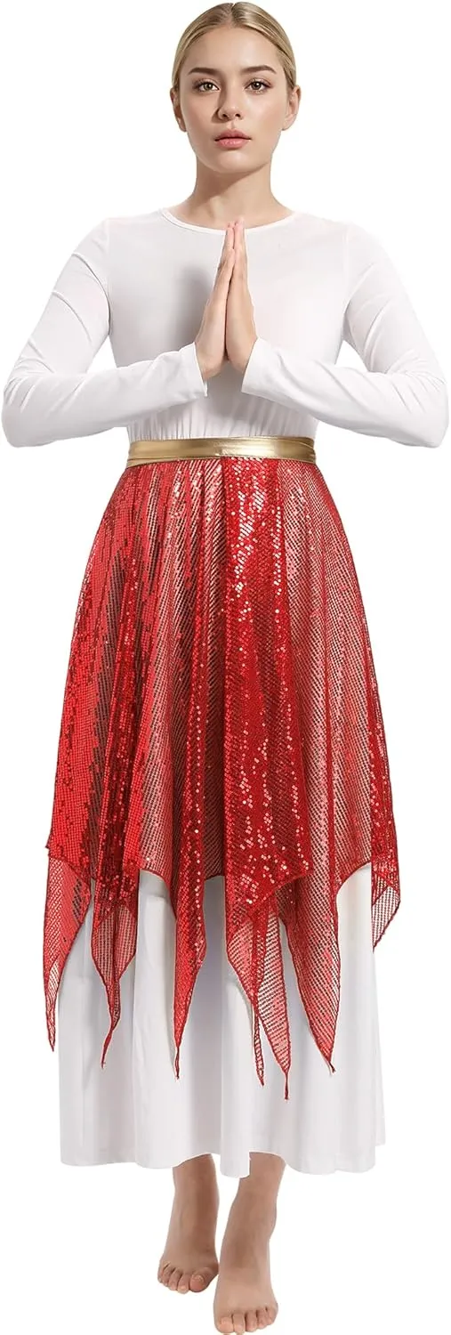IBAKOM Praise Dance Dress for Women with Warp Skirt Metallic Waist Long Worship Dance Overlay and Tunic Liturgical Dancewear