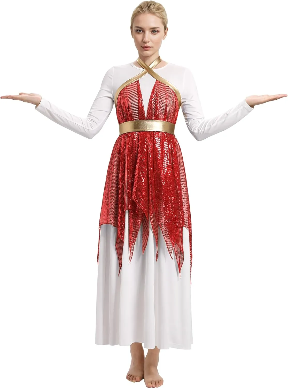 IBAKOM Praise Dance Dress for Women with Warp Skirt Metallic Waist Long Worship Dance Overlay and Tunic Liturgical Dancewear