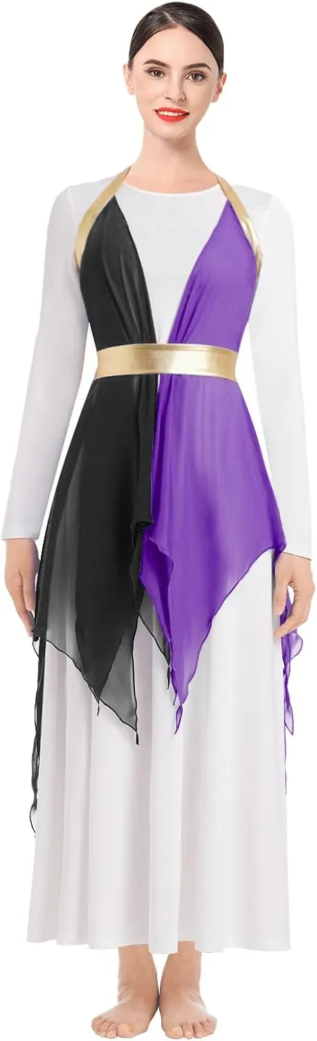 IBAKOM Praise Dance Dress for Women with Warp Skirt Metallic Waist Long Worship Dance Overlay and Tunic Liturgical Dancewear
