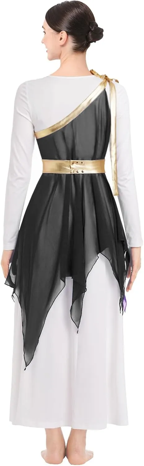 IBAKOM Praise Dance Dress for Women with Warp Skirt Metallic Waist Long Worship Dance Overlay and Tunic Liturgical Dancewear