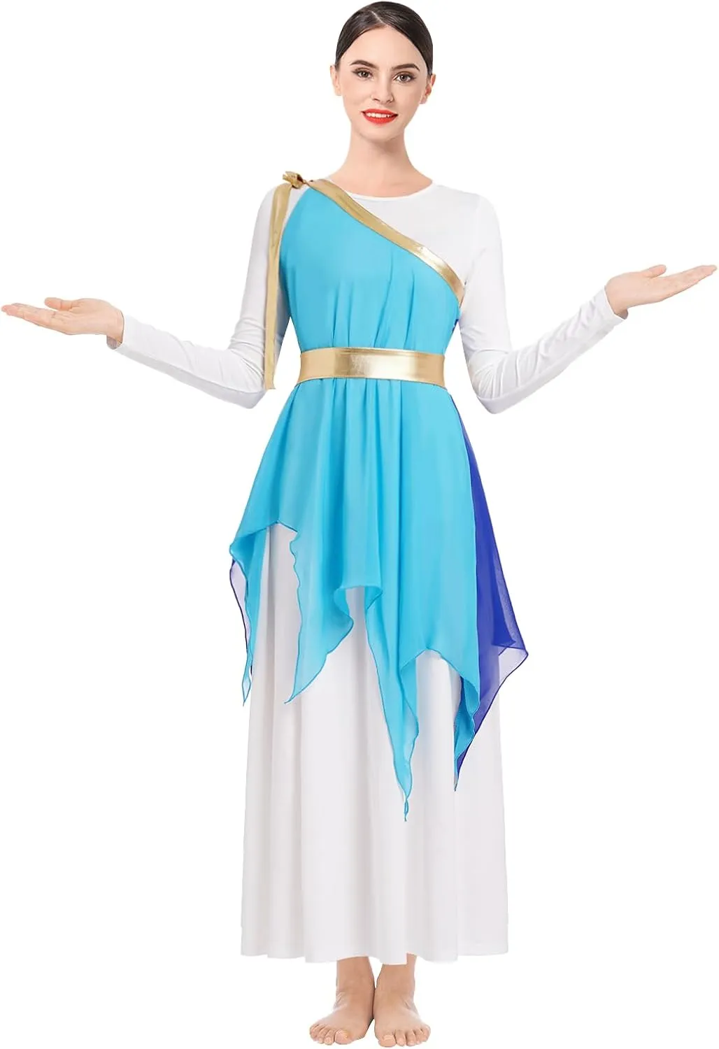 IBAKOM Praise Dance Dress for Women with Warp Skirt Metallic Waist Long Worship Dance Overlay and Tunic Liturgical Dancewear