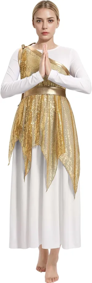 IBAKOM Praise Dance Dress for Women with Warp Skirt Metallic Waist Long Worship Dance Overlay and Tunic Liturgical Dancewear