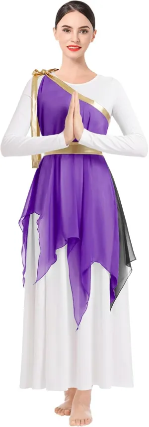 IBAKOM Praise Dance Dress for Women with Warp Skirt Metallic Waist Long Worship Dance Overlay and Tunic Liturgical Dancewear