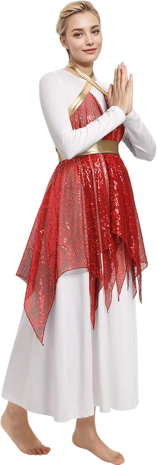 IBAKOM Praise Dance Dress for Women with Warp Skirt Metallic Waist Long Worship Dance Overlay and Tunic Liturgical Dancewear