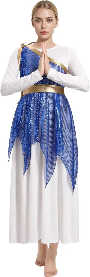 IBAKOM Praise Dance Dress for Women with Warp Skirt Metallic Waist Long Worship Dance Overlay and Tunic Liturgical Dancewear