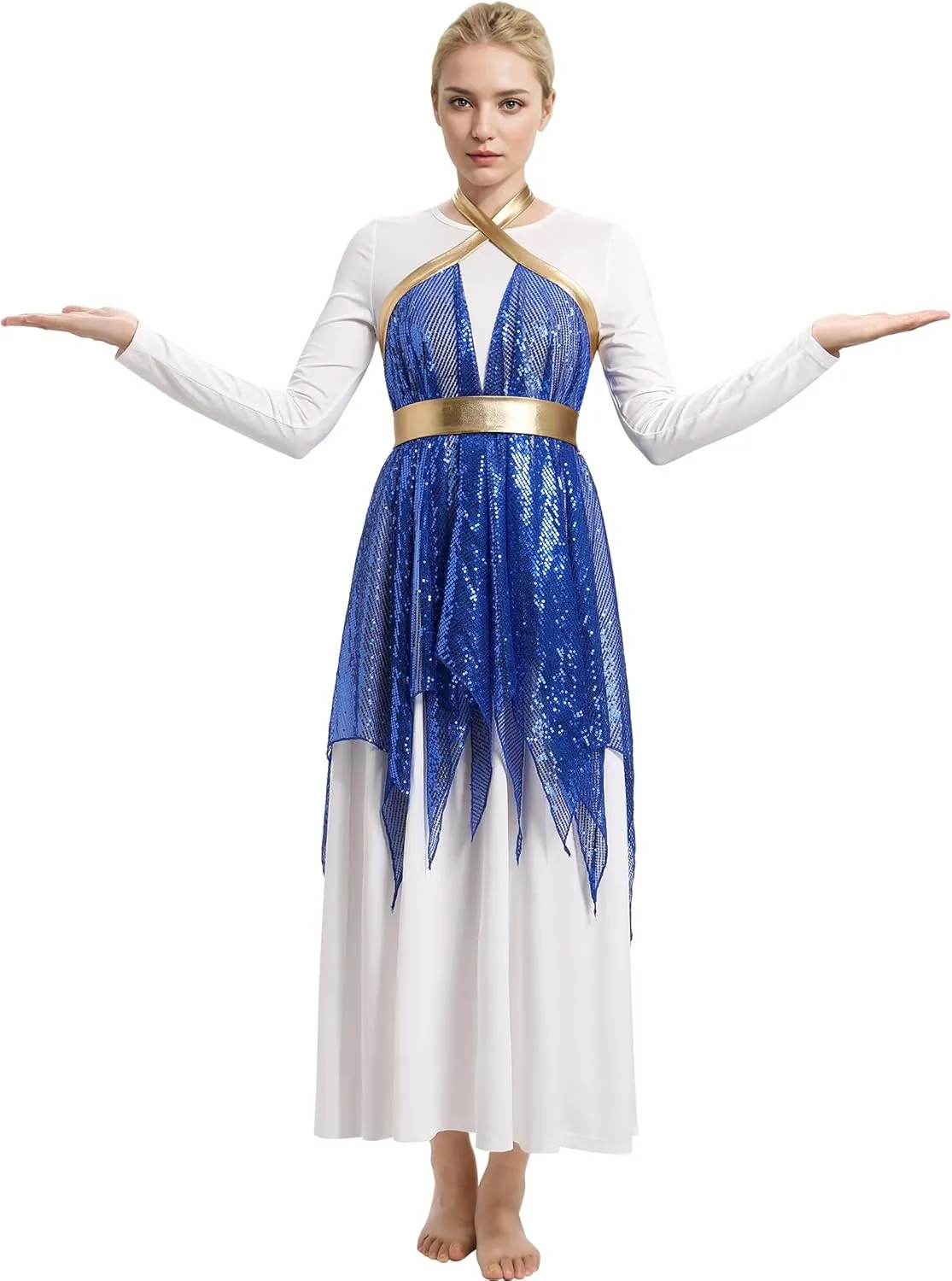 IBAKOM Praise Dance Dress for Women with Warp Skirt Metallic Waist Long Worship Dance Overlay and Tunic Liturgical Dancewear