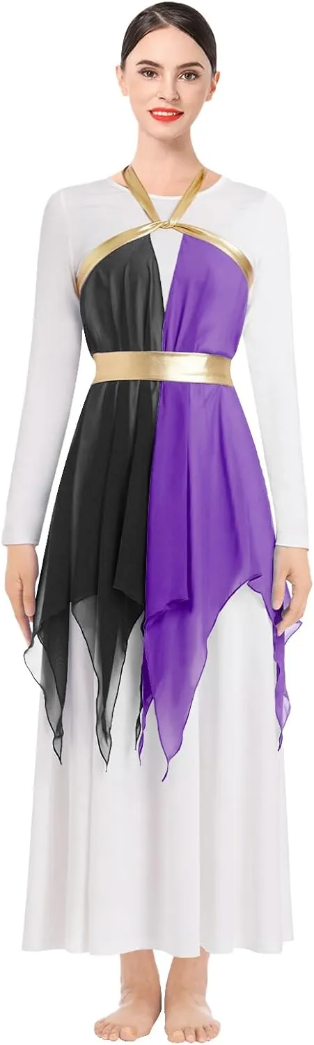 IBAKOM Praise Dance Dress for Women with Warp Skirt Metallic Waist Long Worship Dance Overlay and Tunic Liturgical Dancewear
