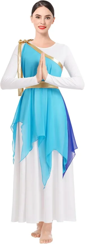 IBAKOM Praise Dance Dress for Women with Warp Skirt Metallic Waist Long Worship Dance Overlay and Tunic Liturgical Dancewear