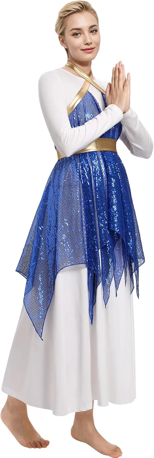 IBAKOM Praise Dance Dress for Women with Warp Skirt Metallic Waist Long Worship Dance Overlay and Tunic Liturgical Dancewear