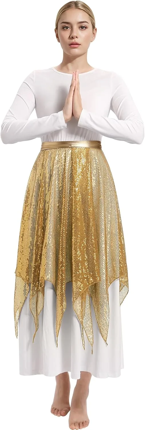 IBAKOM Praise Dance Dress for Women with Warp Skirt Metallic Waist Long Worship Dance Overlay and Tunic Liturgical Dancewear