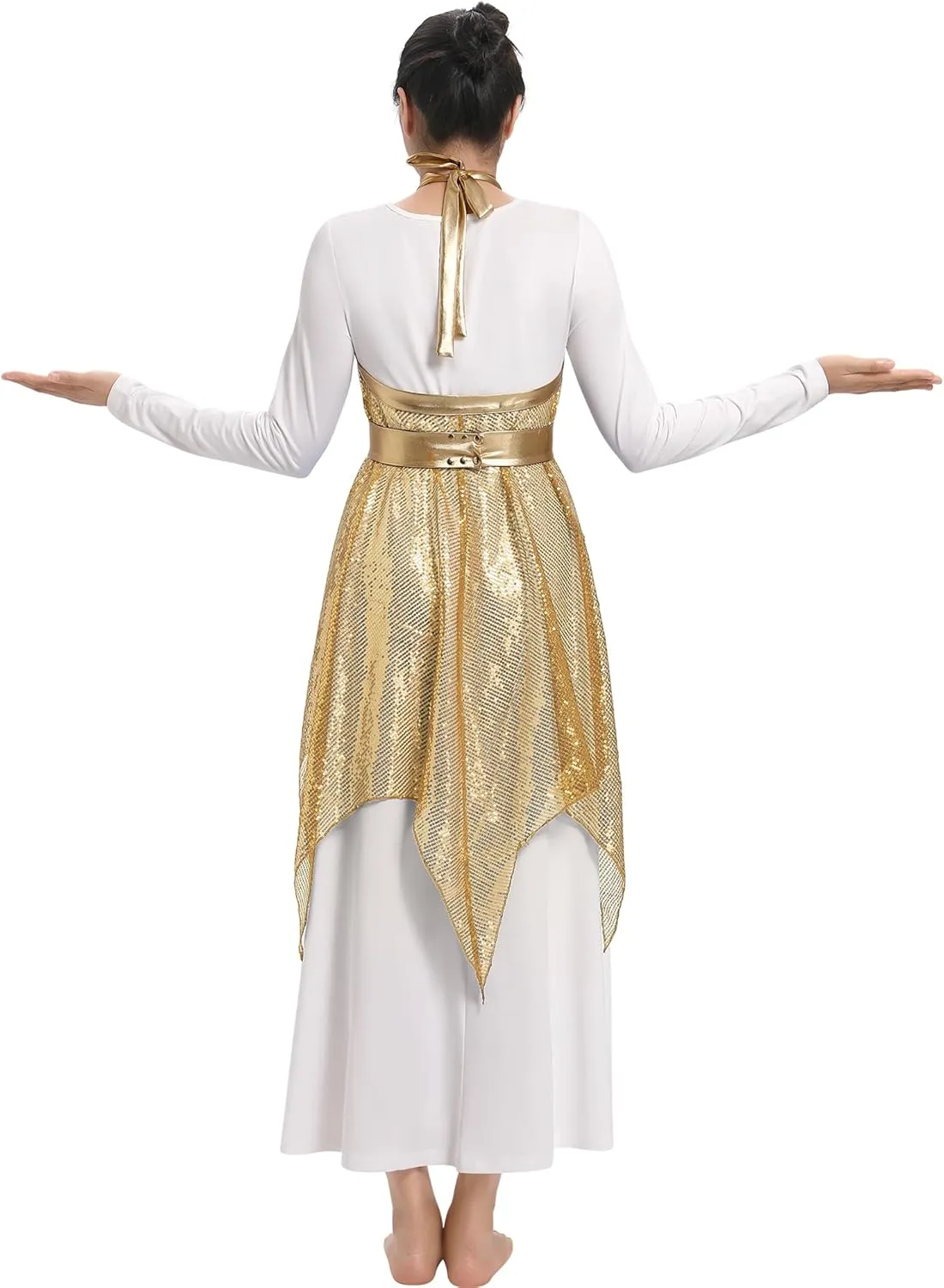IBAKOM Praise Dance Dress for Women with Warp Skirt Metallic Waist Long Worship Dance Overlay and Tunic Liturgical Dancewear
