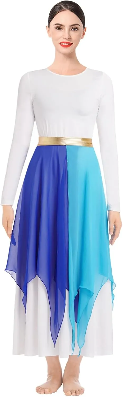 IBAKOM Praise Dance Dress for Women with Warp Skirt Metallic Waist Long Worship Dance Overlay and Tunic Liturgical Dancewear