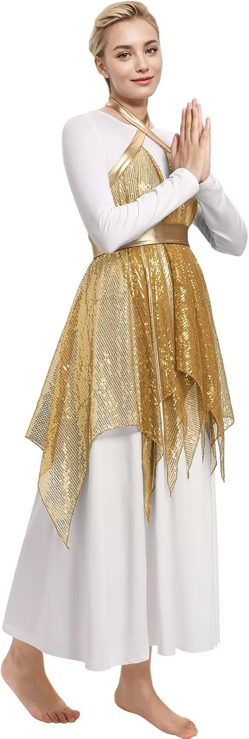 IBAKOM Praise Dance Dress for Women with Warp Skirt Metallic Waist Long Worship Dance Overlay and Tunic Liturgical Dancewear