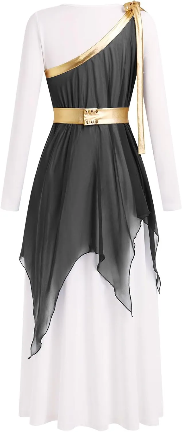 IBAKOM Praise Dance Dress for Women with Warp Skirt Metallic Waist Long Worship Dance Overlay and Tunic Liturgical Dancewear