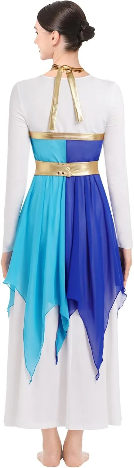 IBAKOM Praise Dance Dress for Women with Warp Skirt Metallic Waist Long Worship Dance Overlay and Tunic Liturgical Dancewear