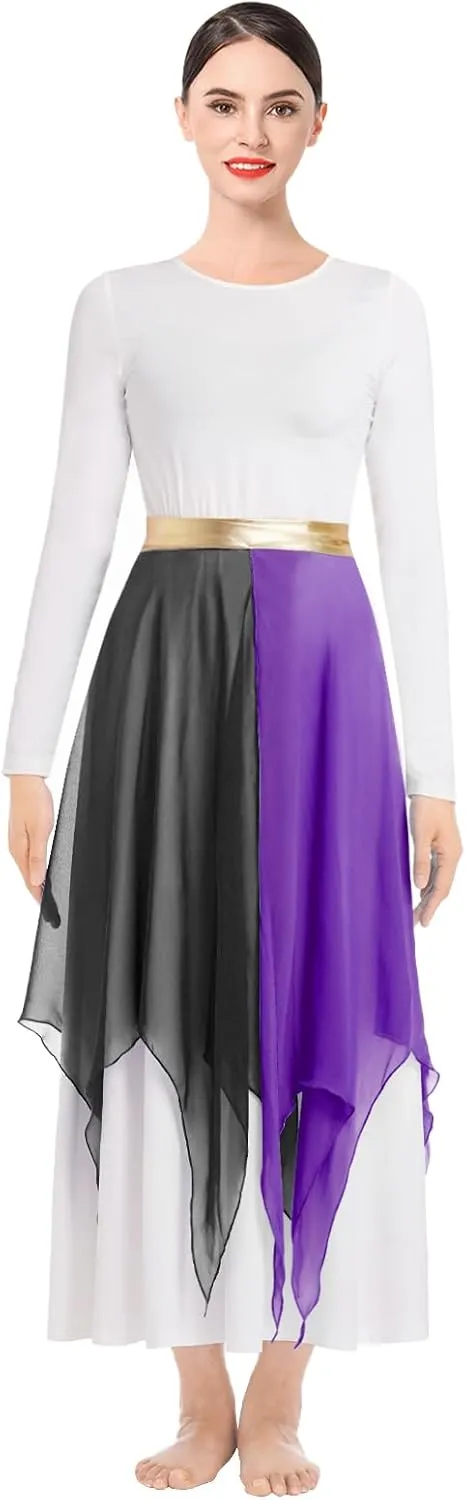 IBAKOM Praise Dance Dress for Women with Warp Skirt Metallic Waist Long Worship Dance Overlay and Tunic Liturgical Dancewear
