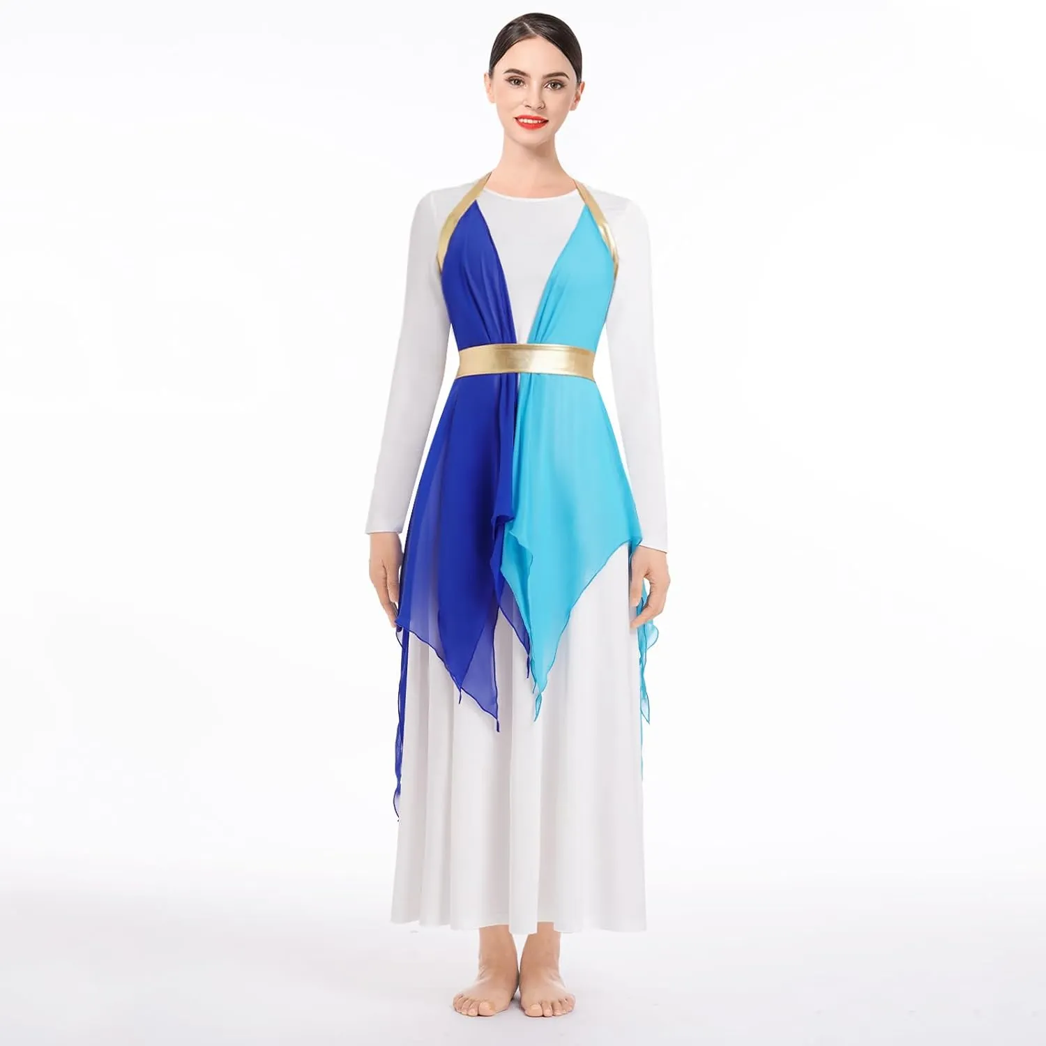 IBAKOM Praise Dance Dress for Women with Warp Skirt Metallic Waist Long Worship Dance Overlay and Tunic Liturgical Dancewear