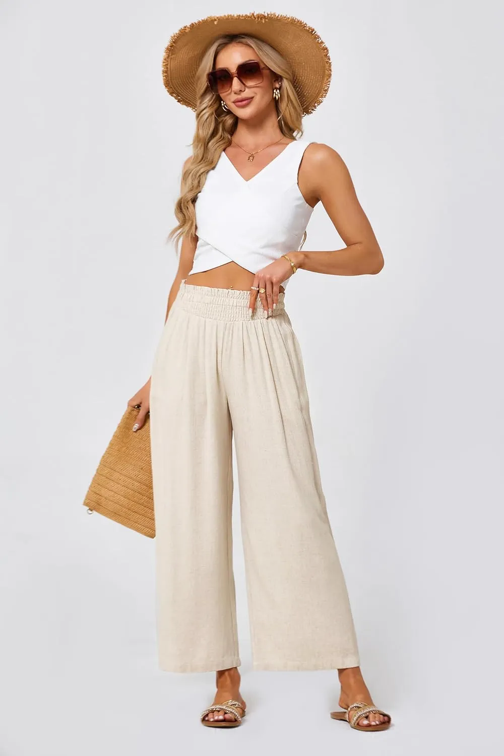 JASAMBAC Women's Capri Linen Wide Leg Pants Summer Boho Wide Leg Pants Smocked High-Rise Waist Casual Beach Pants with Pocket
