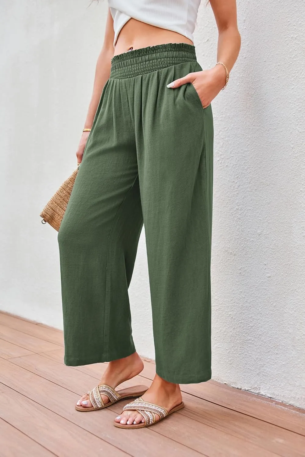 JASAMBAC Women's Capri Linen Wide Leg Pants Summer Boho Wide Leg Pants Smocked High-Rise Waist Casual Beach Pants with Pocket