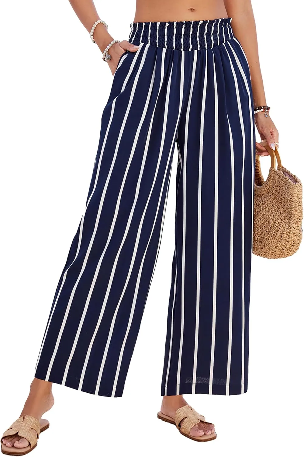 JASAMBAC Women's Capri Linen Wide Leg Pants Summer Boho Wide Leg Pants Smocked High-Rise Waist Casual Beach Pants with Pocket