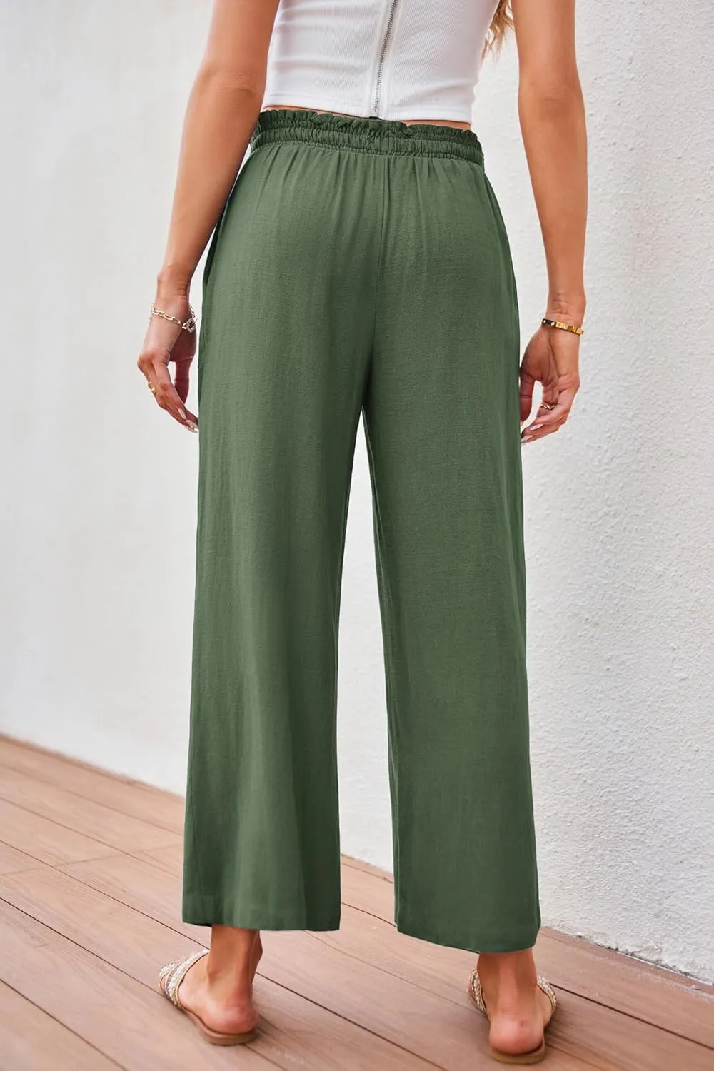 JASAMBAC Women's Capri Linen Wide Leg Pants Summer Boho Wide Leg Pants Smocked High-Rise Waist Casual Beach Pants with Pocket