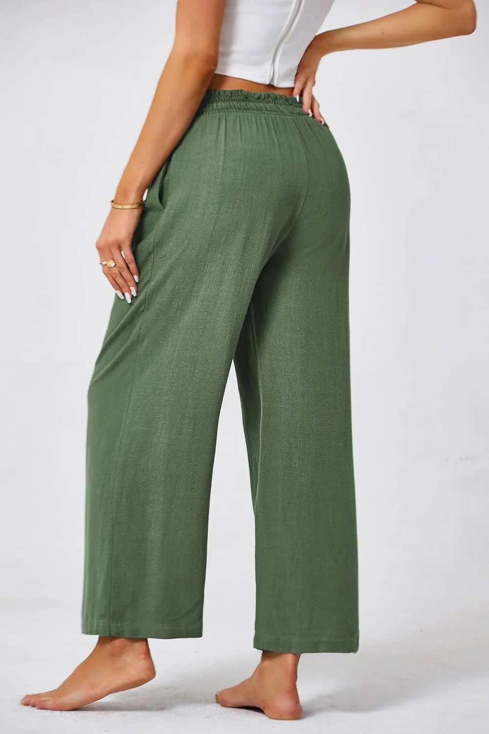 JASAMBAC Women's Capri Linen Wide Leg Pants Summer Boho Wide Leg Pants Smocked High-Rise Waist Casual Beach Pants with Pocket