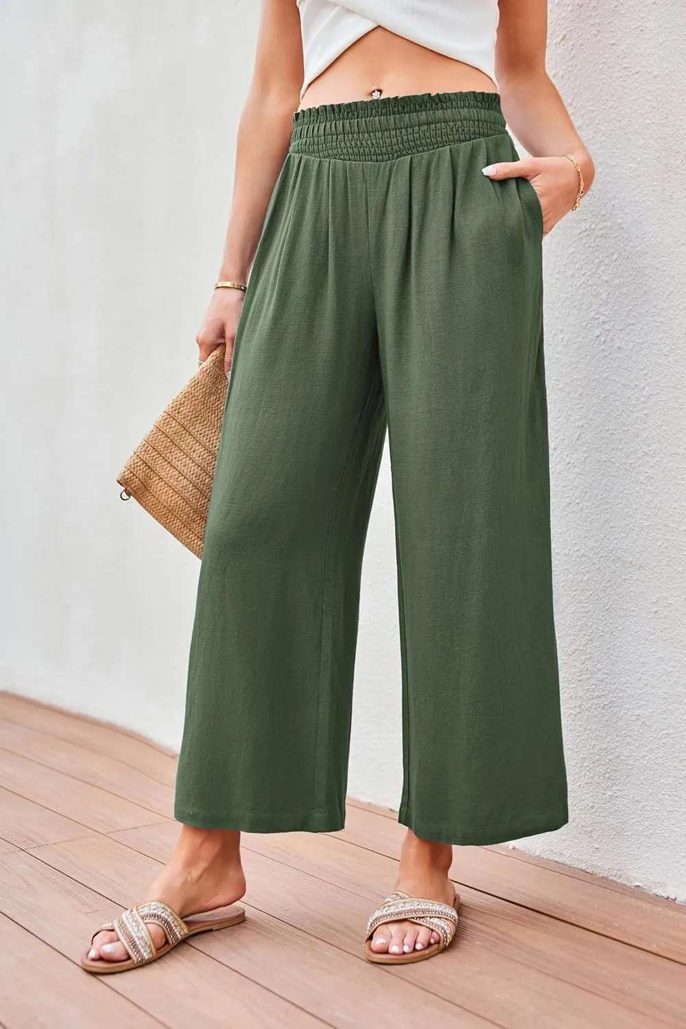 JASAMBAC Women's Capri Linen Wide Leg Pants Summer Boho Wide Leg Pants Smocked High-Rise Waist Casual Beach Pants with Pocket