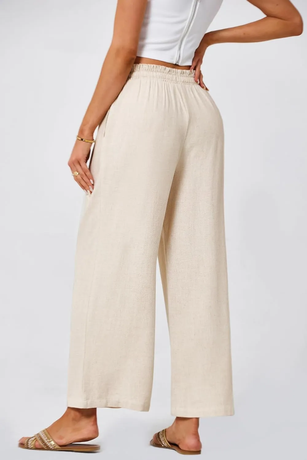 JASAMBAC Women's Capri Linen Wide Leg Pants Summer Boho Wide Leg Pants Smocked High-Rise Waist Casual Beach Pants with Pocket